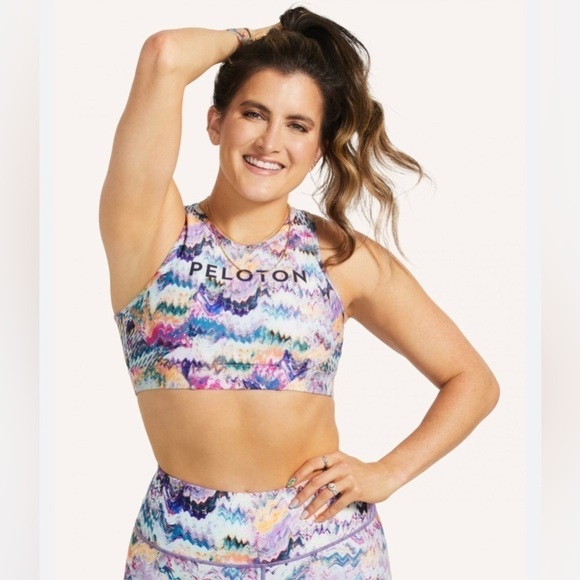 NWT Peloton River Rock High Neck Multicolored Logo Sports Bra w/Mesh Back Small - Picture 1 of 6